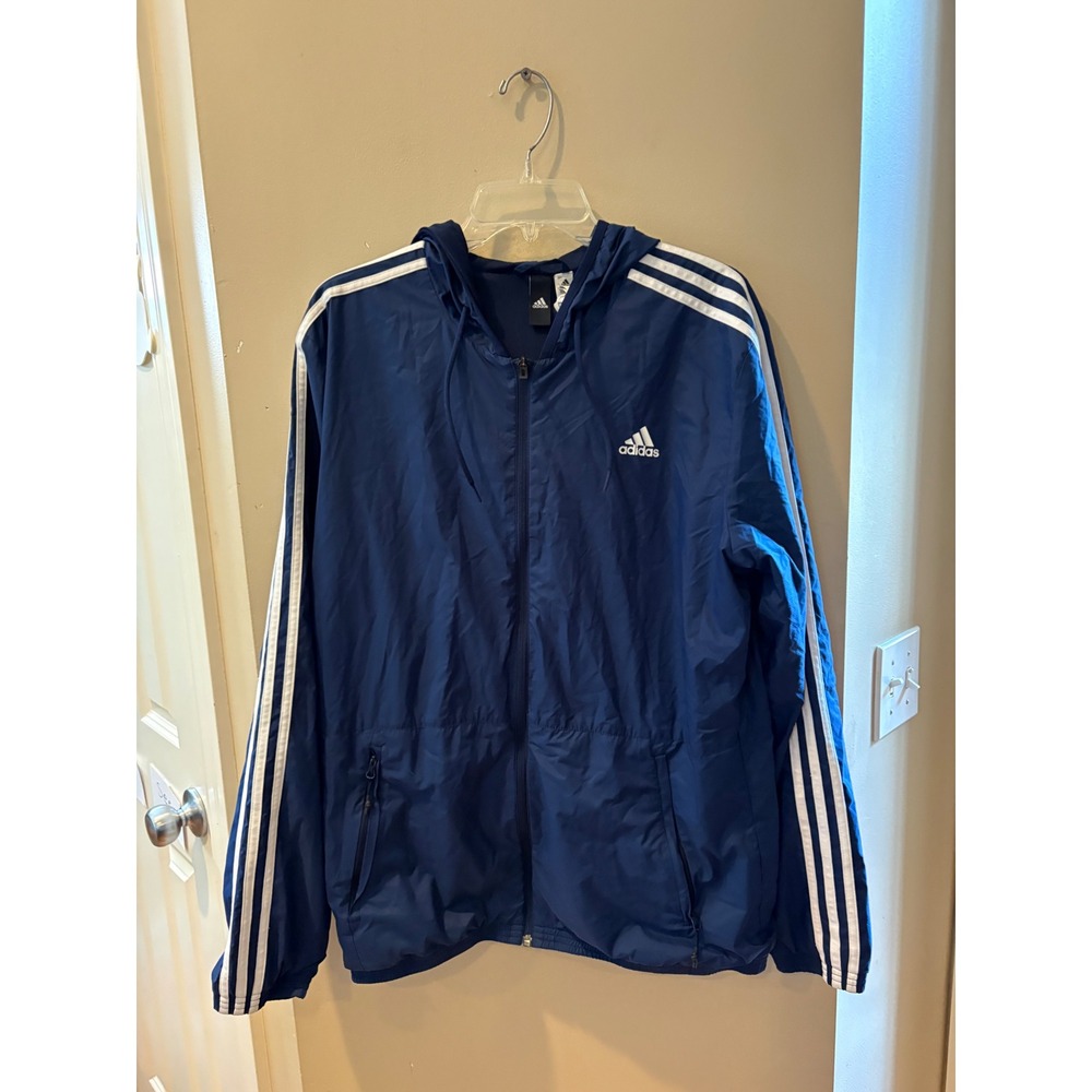 Adidas Mens Navy Blue 3-Stripe Hooded Windbreaker Jacket Full Zip Size L